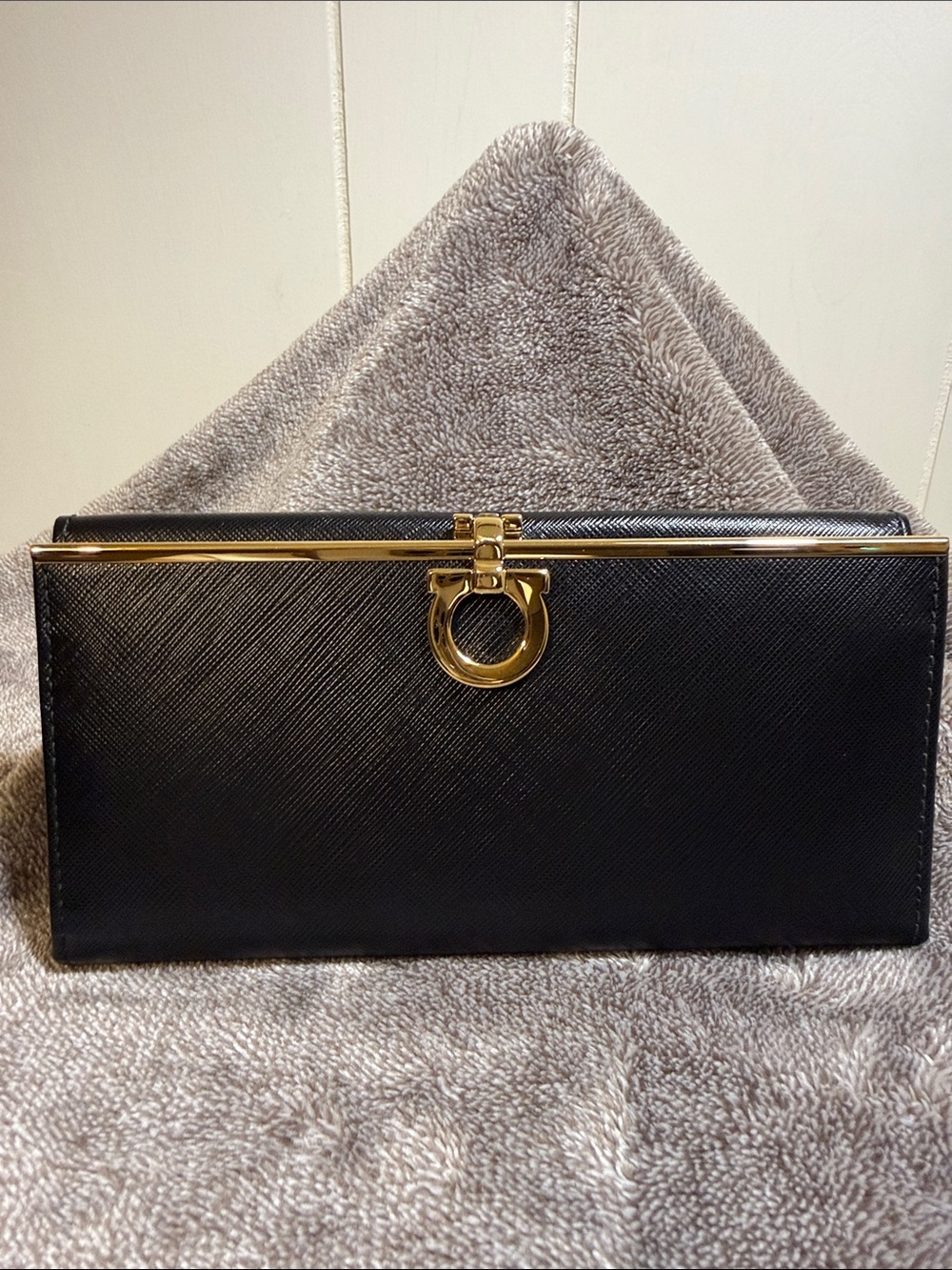Salvatore Ferragamo Black Leather Clutch with Gold Hardware